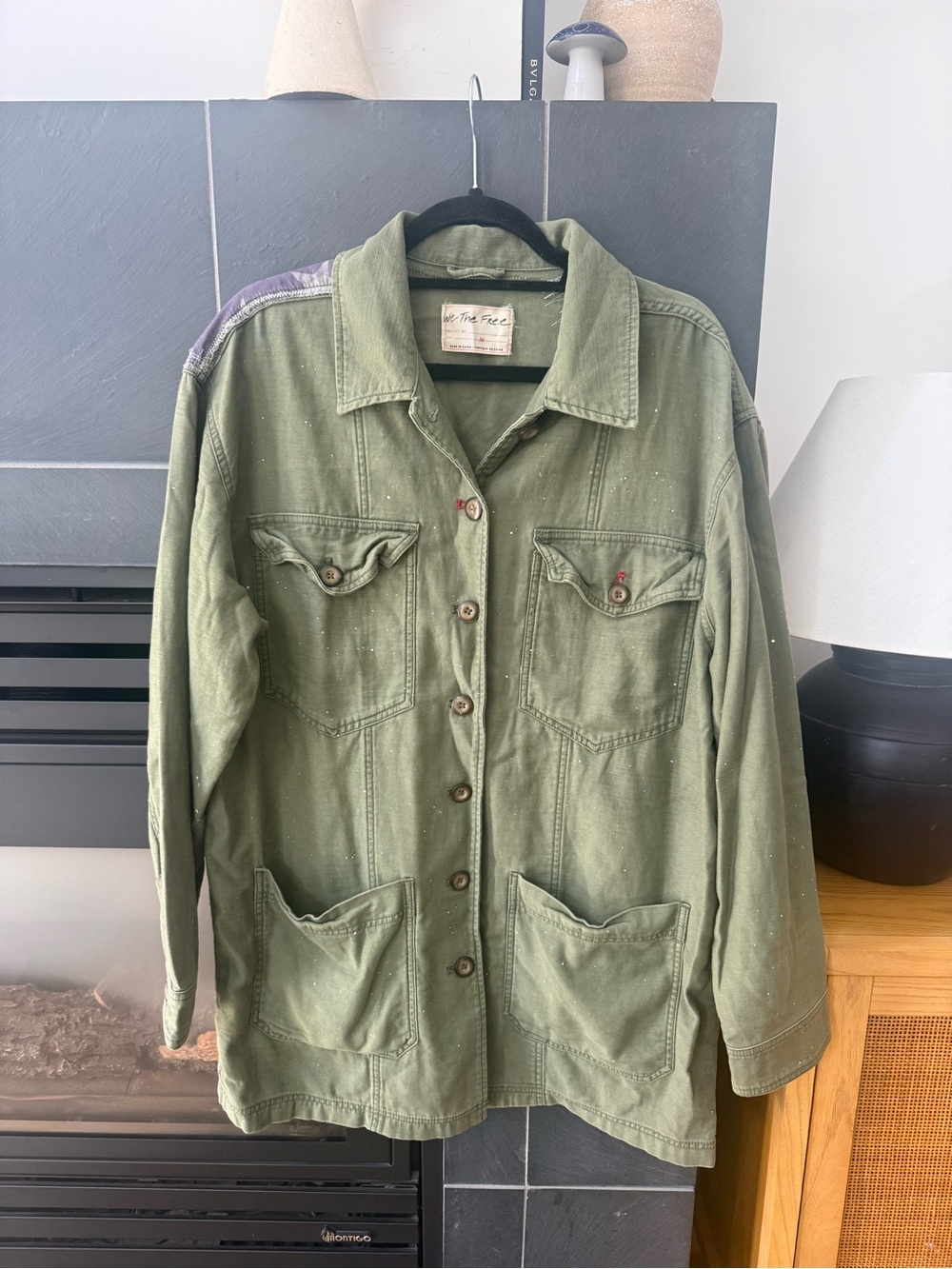 Free People Olive Green Army-Style Utility Jacket with flag